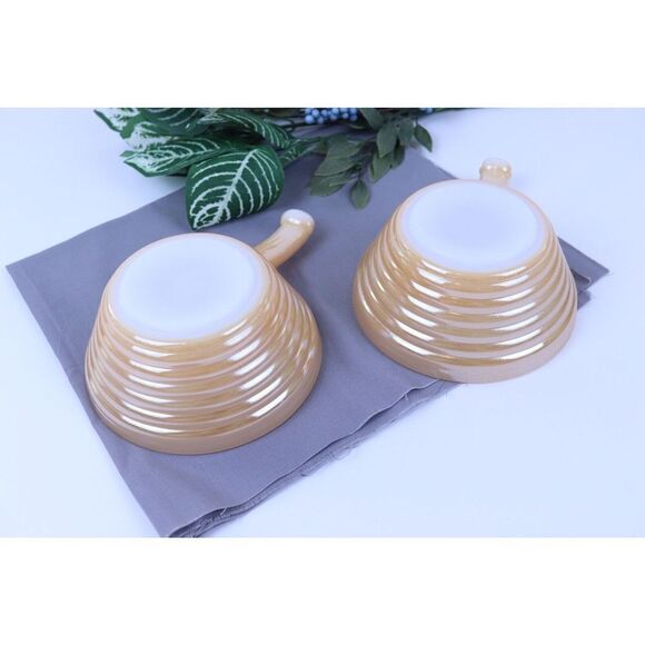 Vintage Fire King Chili Soup Bowls Handled Beehive Peach Luster Lustre Lot of 4 - Picture 1 of 11